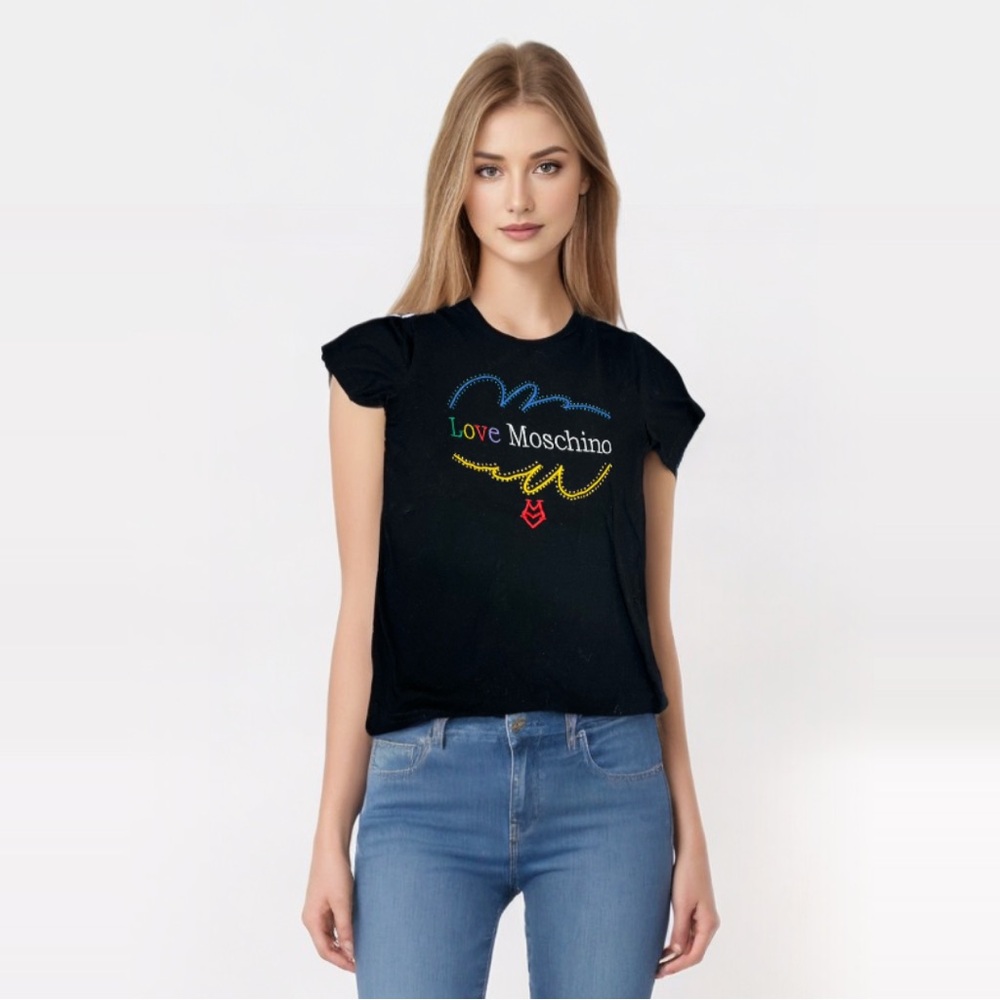 Love Moschino Black and Rainbow Rhinestone T-Shirt Size XL - Picture 2 of 10